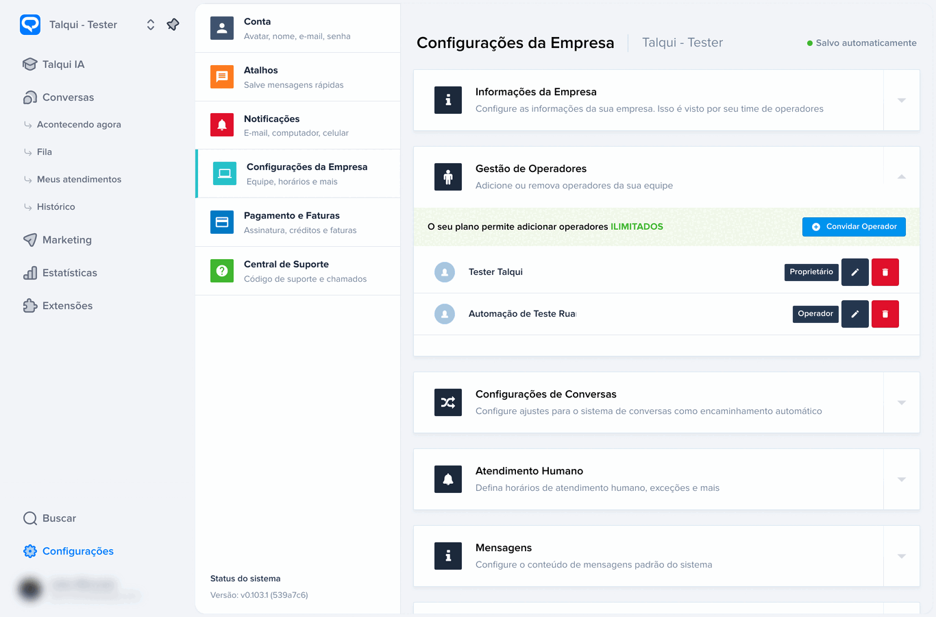 Painel de Gestão de Operadores nas Configurações da Empresa