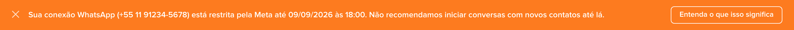 Aviso laranja no topo da Talqui informando que a conexão com o WhatsApp está restrita pela Meta