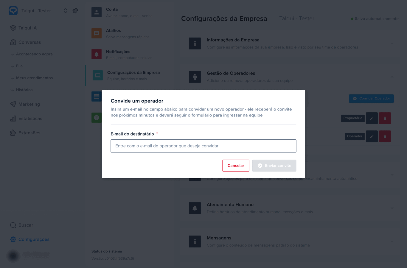 Modal Convide um operador, com o campo de e-mail do destinatário