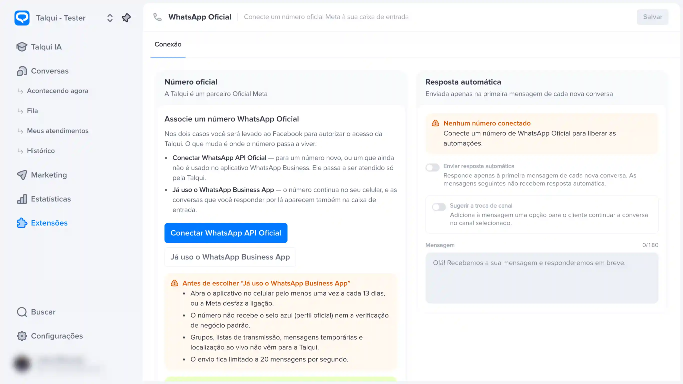 Tela WhatsApp Oficial na Talqui, com os botões Conectar WhatsApp API Oficial e Já uso o WhatsApp Business App