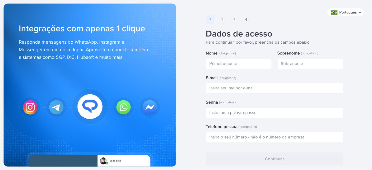 Primeira etapa do cadastro da Talqui, pedindo nome, sobrenome, e-mail, senha e telefone pessoal
