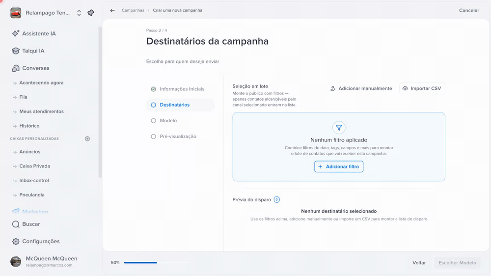 Montando o público: adicionar filtro, escolher o campo Telefone e ver a prévia do disparo se preencher