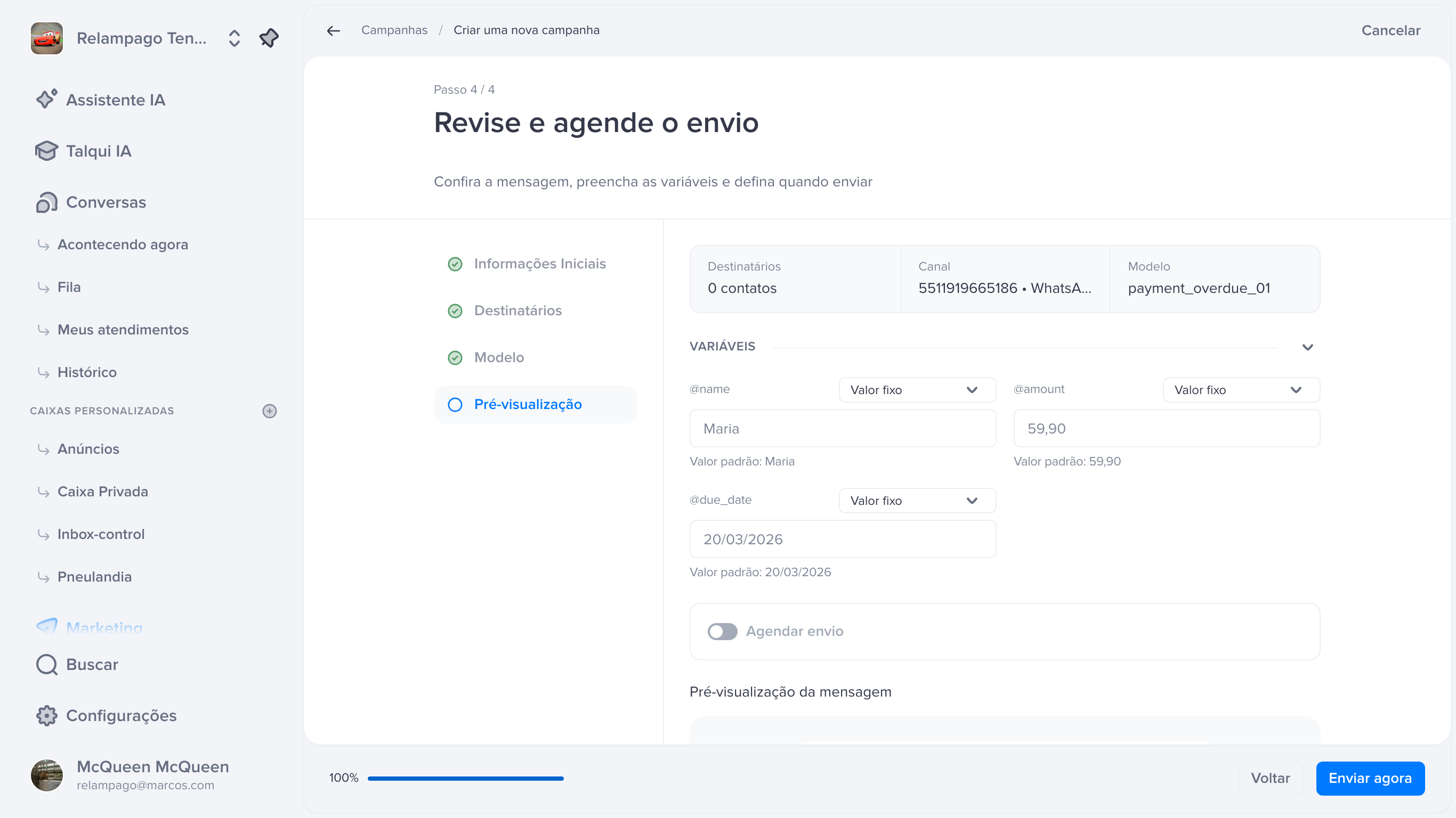 Passo 4, com o resumo da campanha, as variáveis do modelo e a pré-visualização