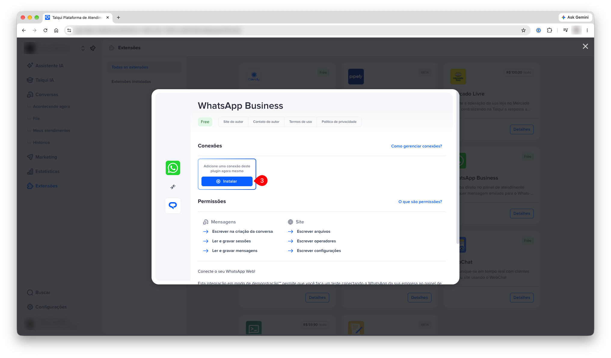 Janela do plugin WhatsApp Business com o botão Instalar em Conexões