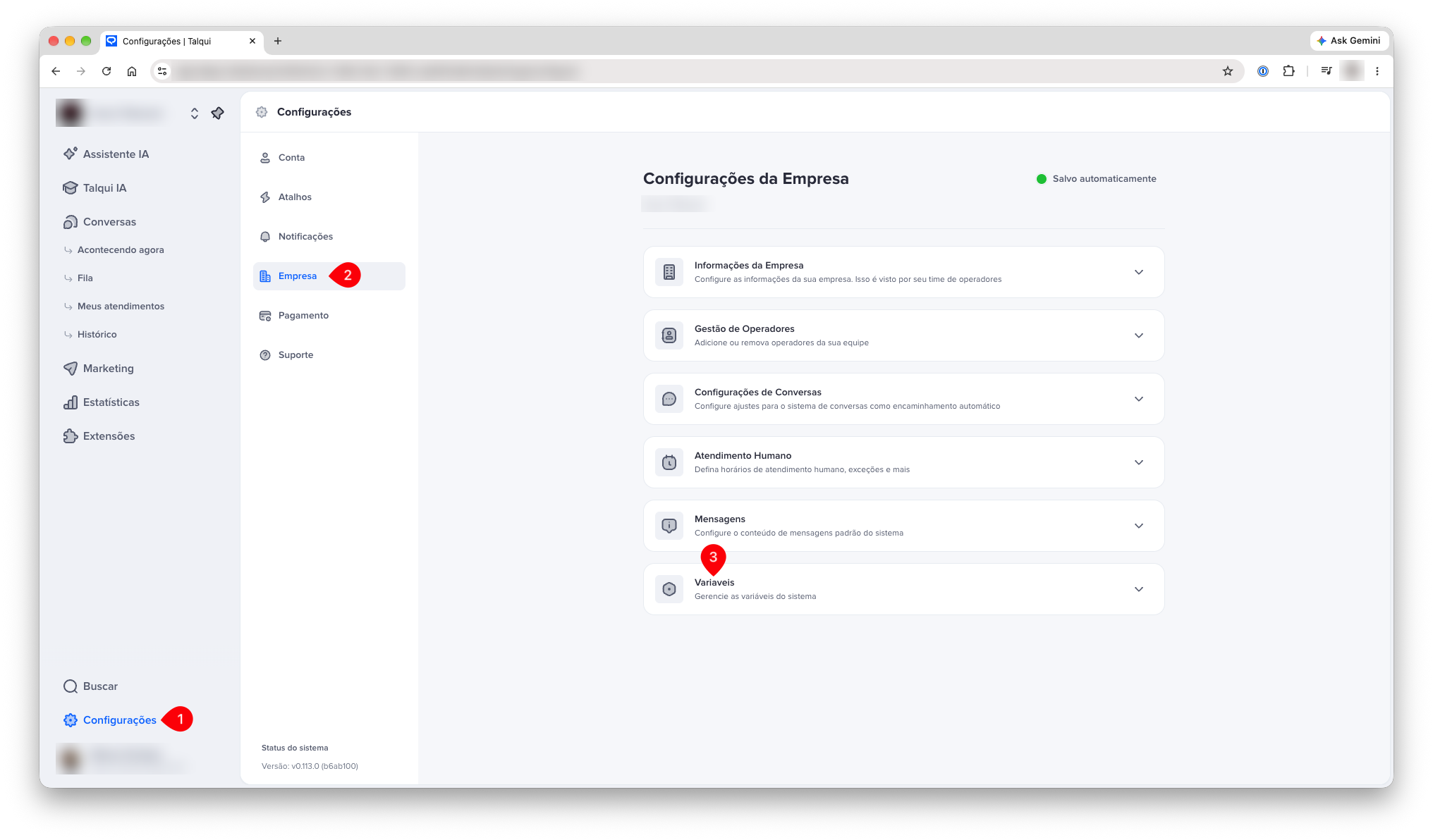 Tela de Configurações da Empresa com a opção Variáveis em destaque