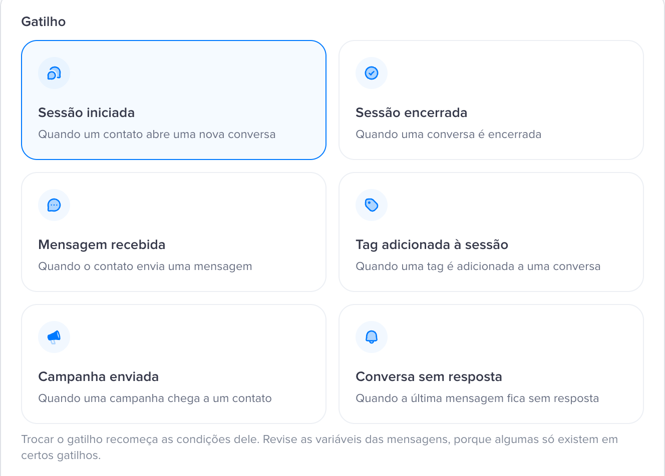 As seis opções de gatilho em cartões