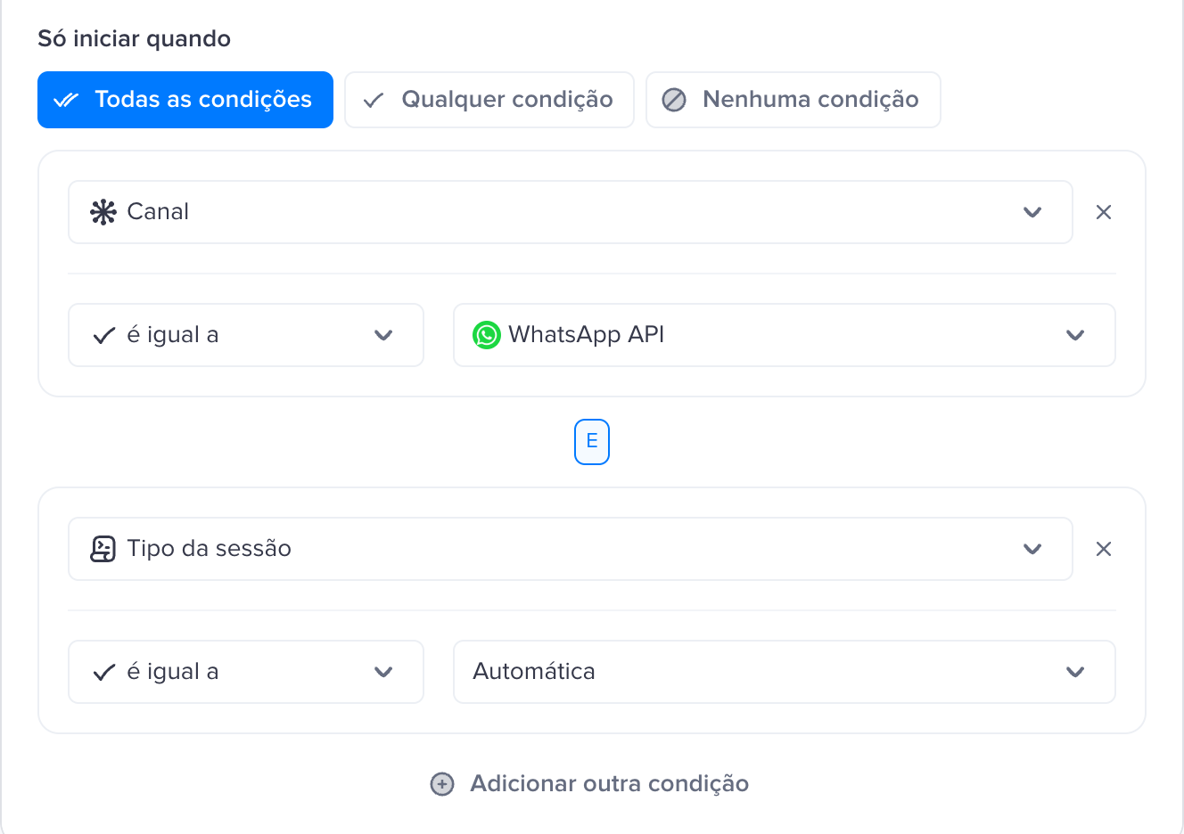 Condições do gatilho: canal igual a WhatsApp e tipo da sessão igual a Automática