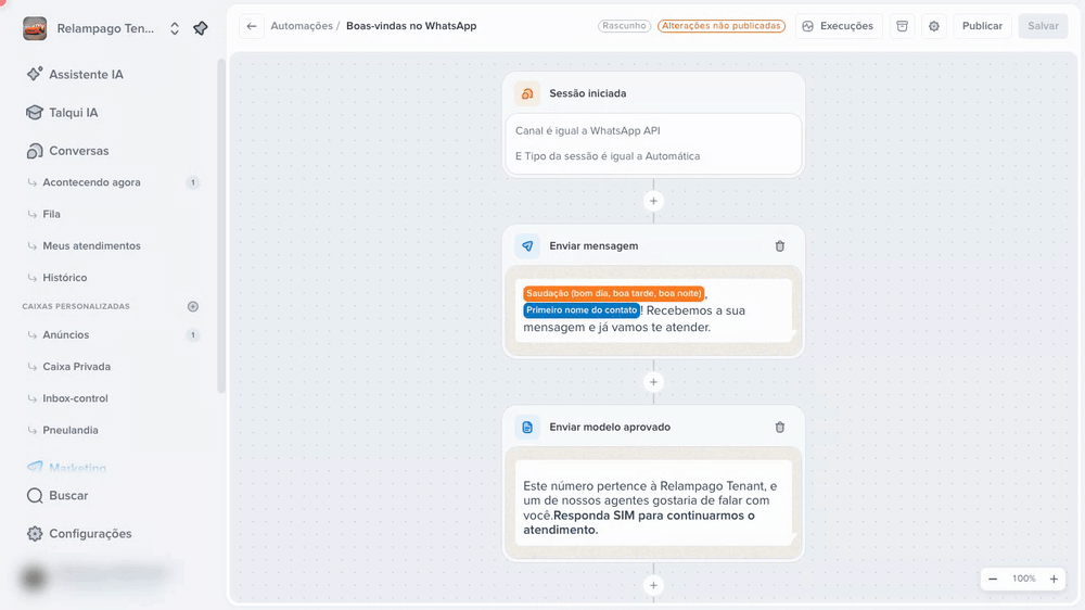 Passo Enviar mensagem Abrindo o passo Enviar mensagem e adicionando a variável Nome completo do contato