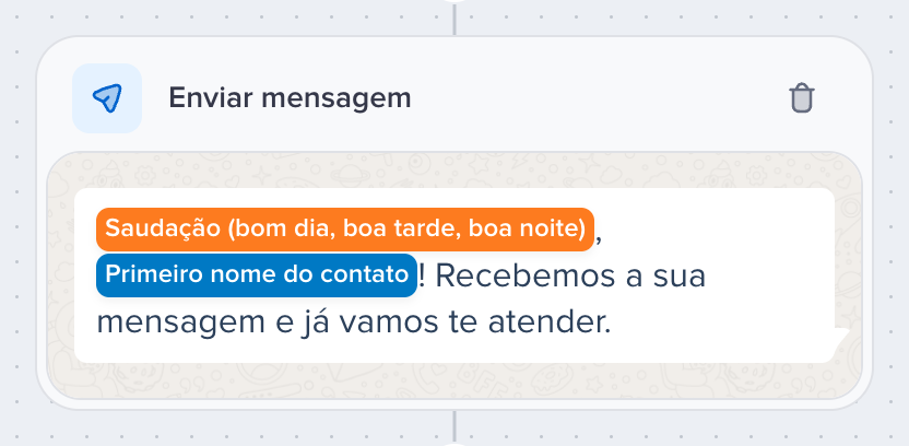 Card do passo Card Enviar mensagem com o balão da mensagem e as variáveis coloridas
