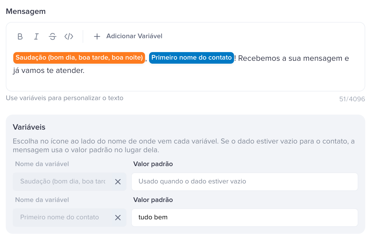 Mensagem com variáveis Editor da mensagem com duas variáveis e o painel de variáveis preenchido