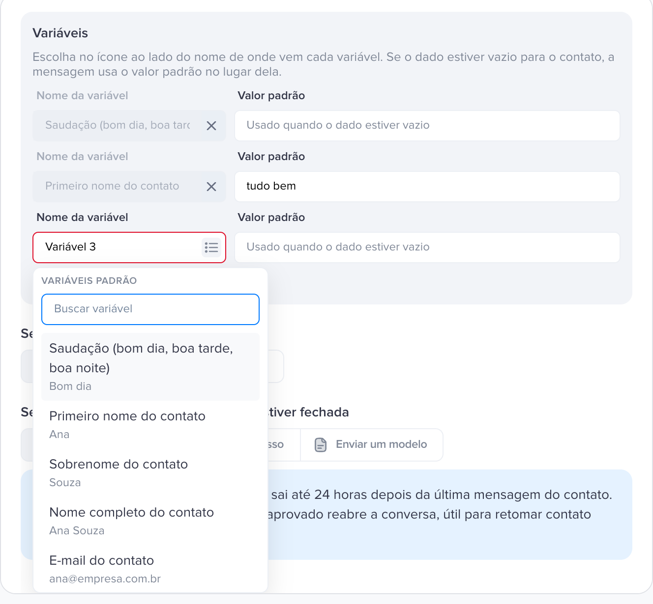 Escolhendo uma variável Painel de variáveis com a lista de variáveis padrão aberta