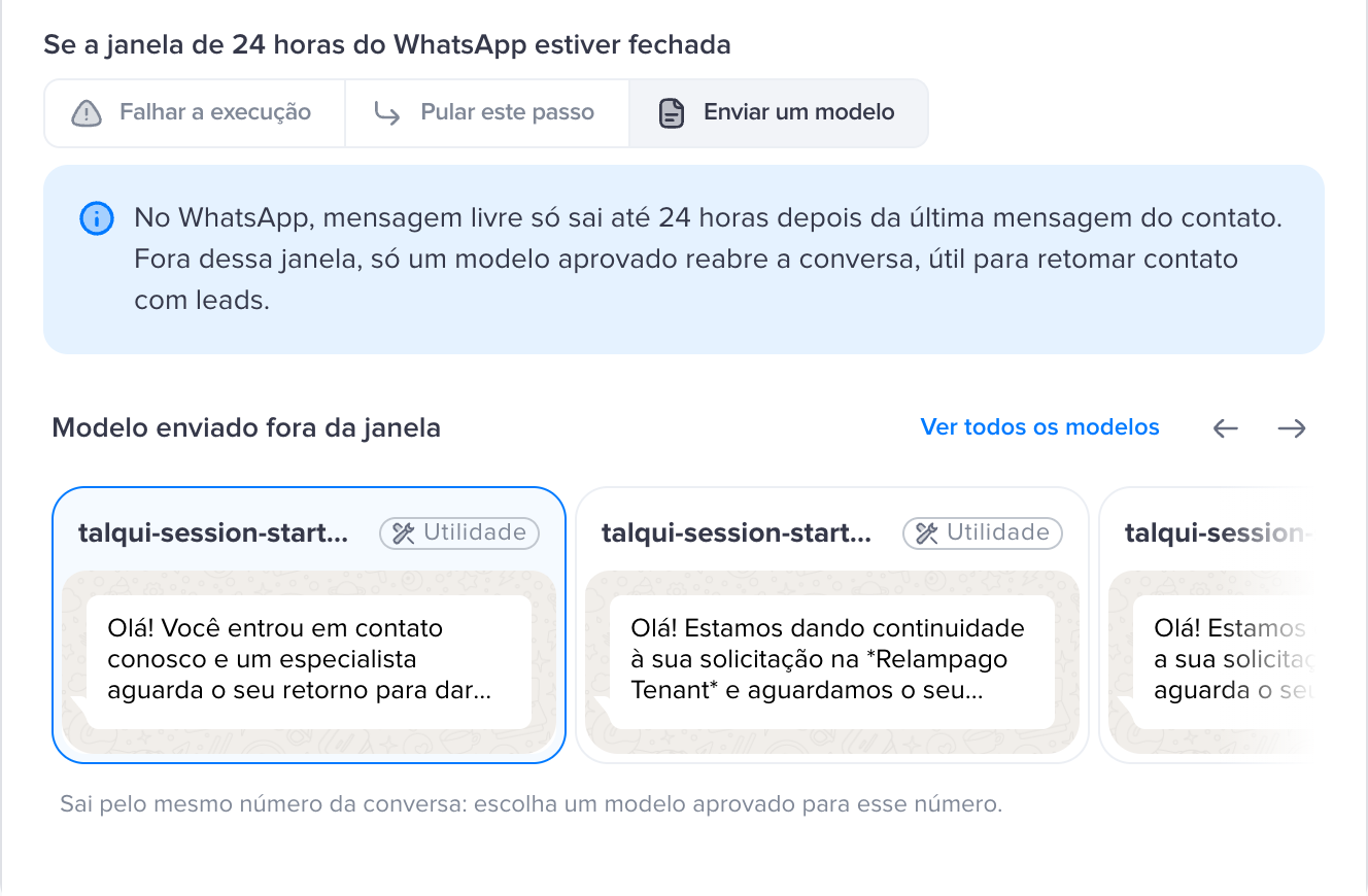 Modelo enviado fora da janela Opção Enviar um modelo marcada, com a lista de modelos aprovados