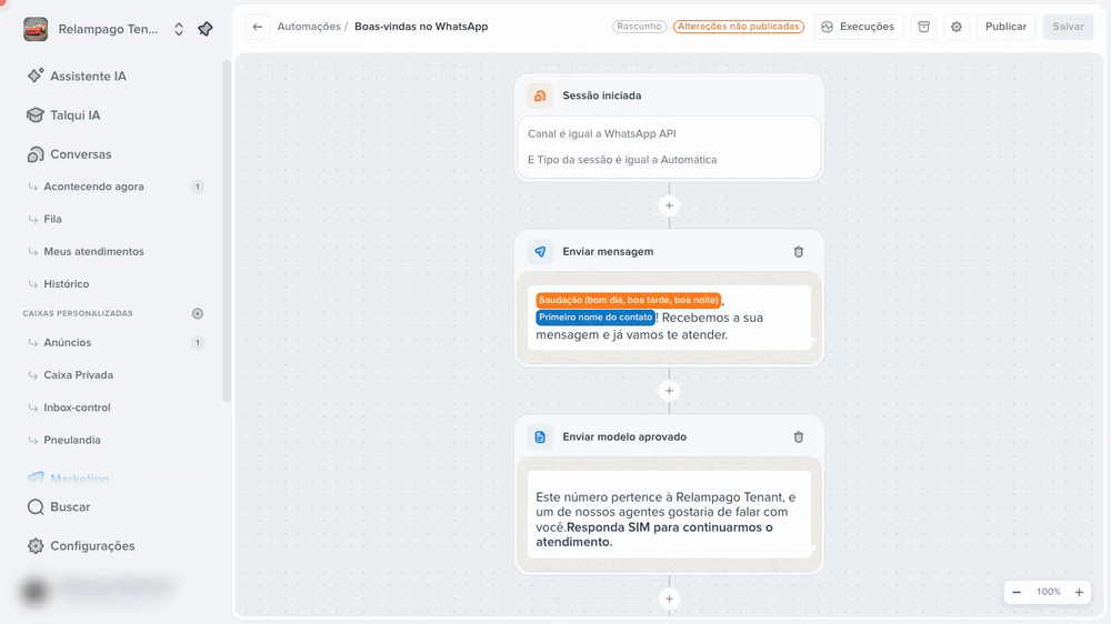 Abrindo o passo Enviar modelo aprovado e a lista de conexões