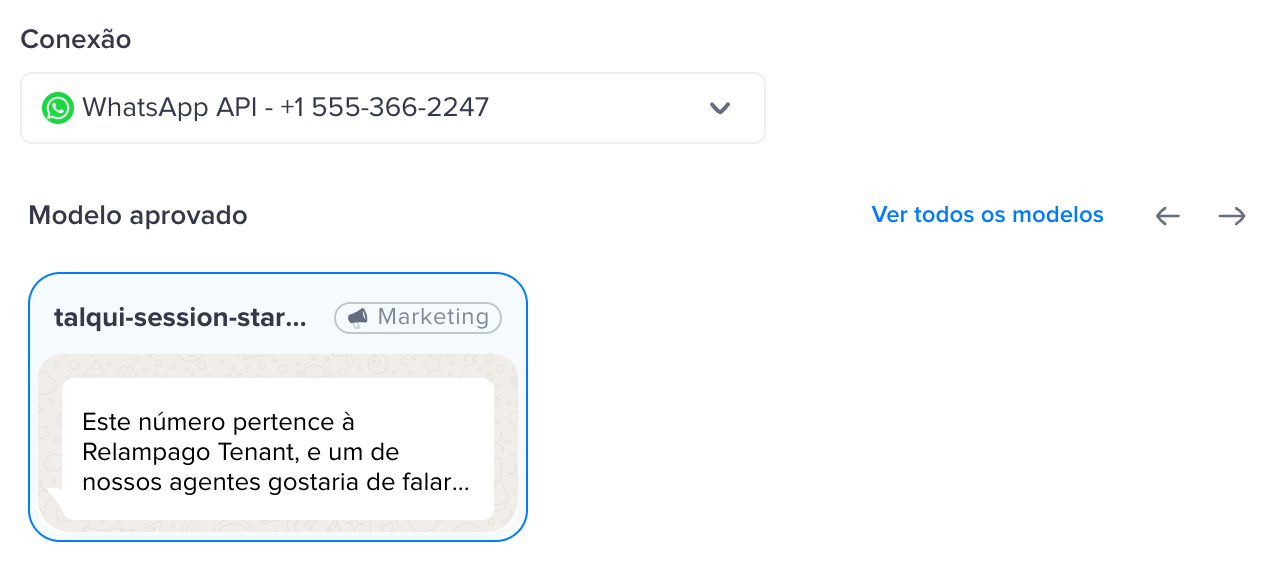 Conexão escolhida e o card do modelo aprovado selecionado