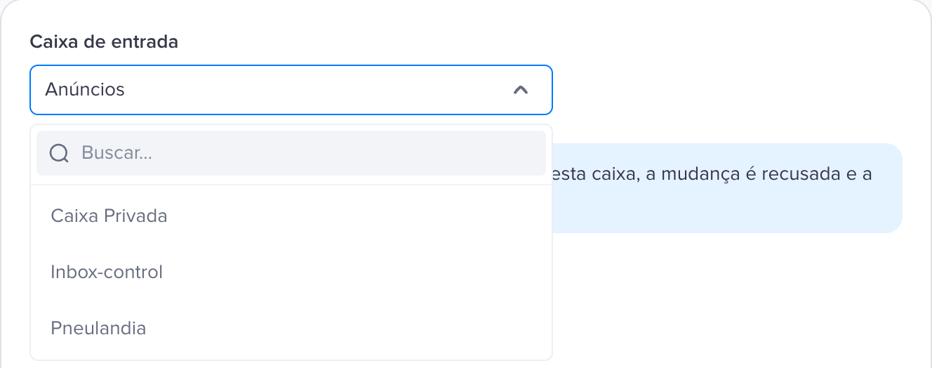 Lista de caixas de entrada aberta, com busca