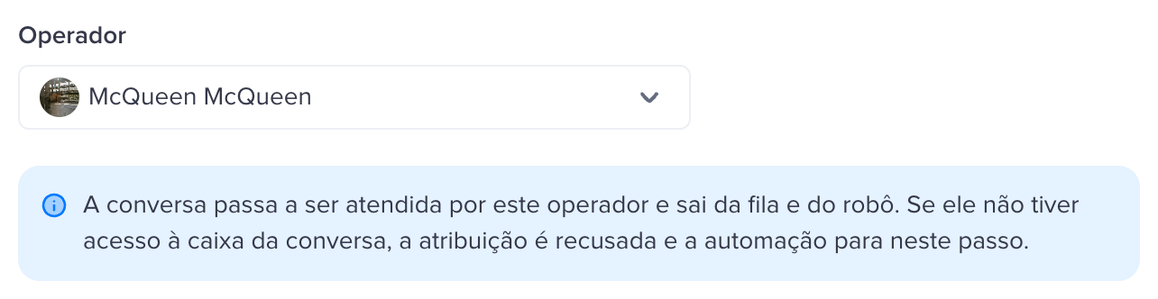 Campo Operador preenchido e o aviso sobre o que acontece com a conversa