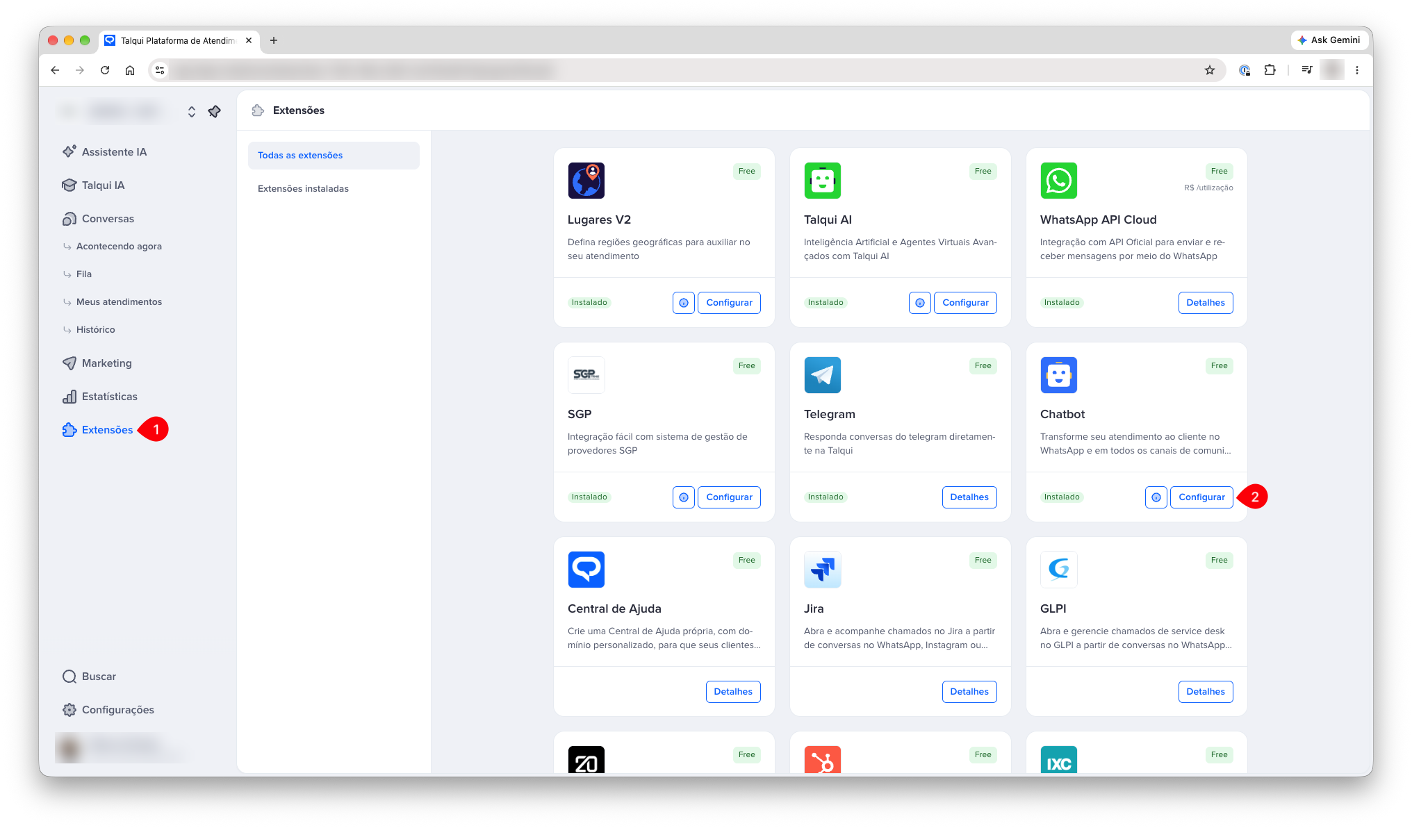 Tela de Extensões com o card do Chatbot e o botão Configurar em destaque