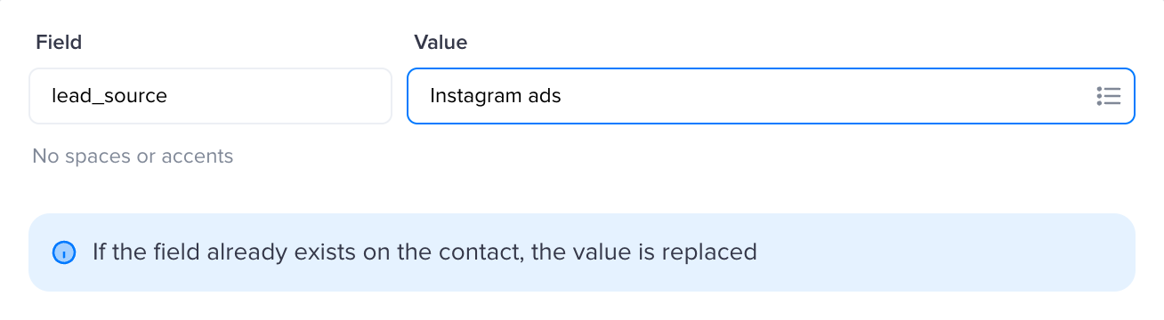 Campo lead_source com o valor fixo Instagram ads e o aviso de substituição