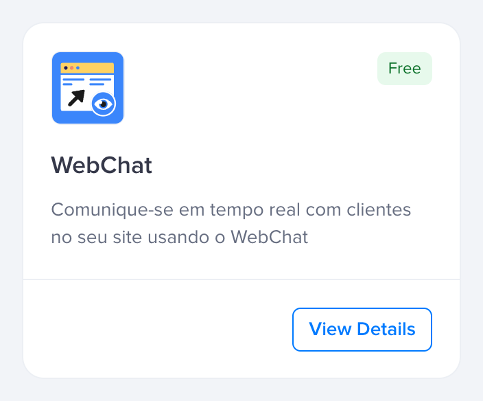 Card do WebChat na lista de extensões, com a etiqueta Free e o botão View Details