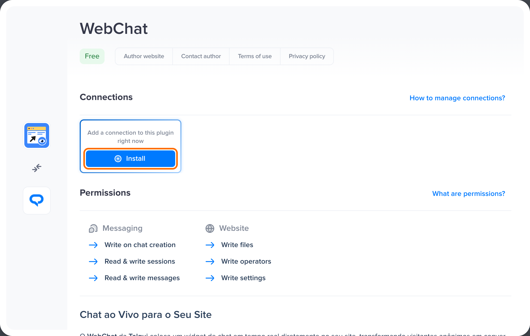 Janela de detalhes do WebChat com o botão Install destacado na seção Connections