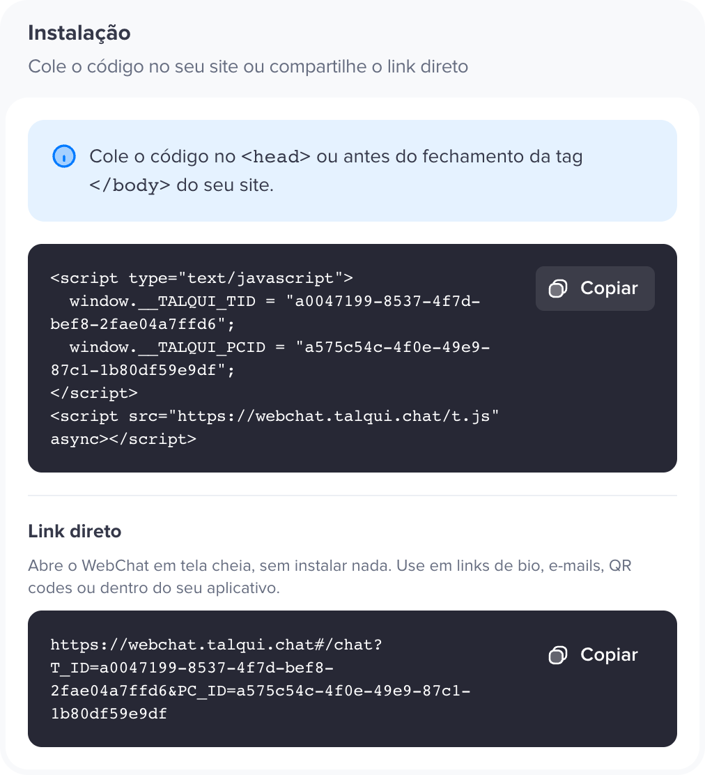 Card Instalação com o aviso de onde colar o código, o bloco de código com o botão Copiar e a seção Link direto