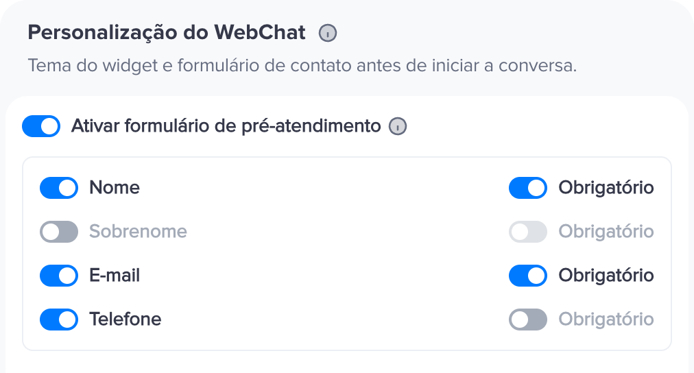 Card Personalização do WebChat com o formulário de pré-atendimento ligado: Nome e E-mail obrigatórios, Telefone opcional e Sobrenome desligado