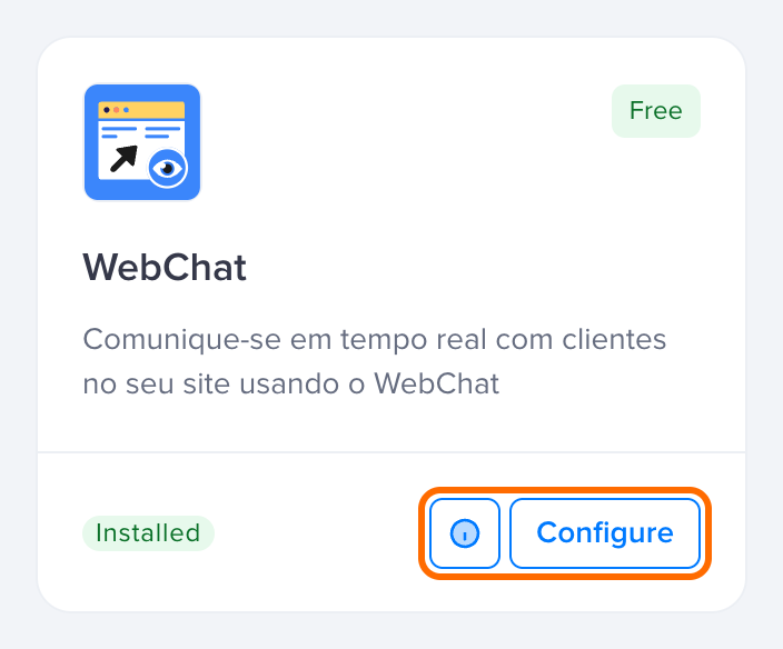 Card do WebChat já instalado, com a etiqueta Installed e o botão Configure destacado