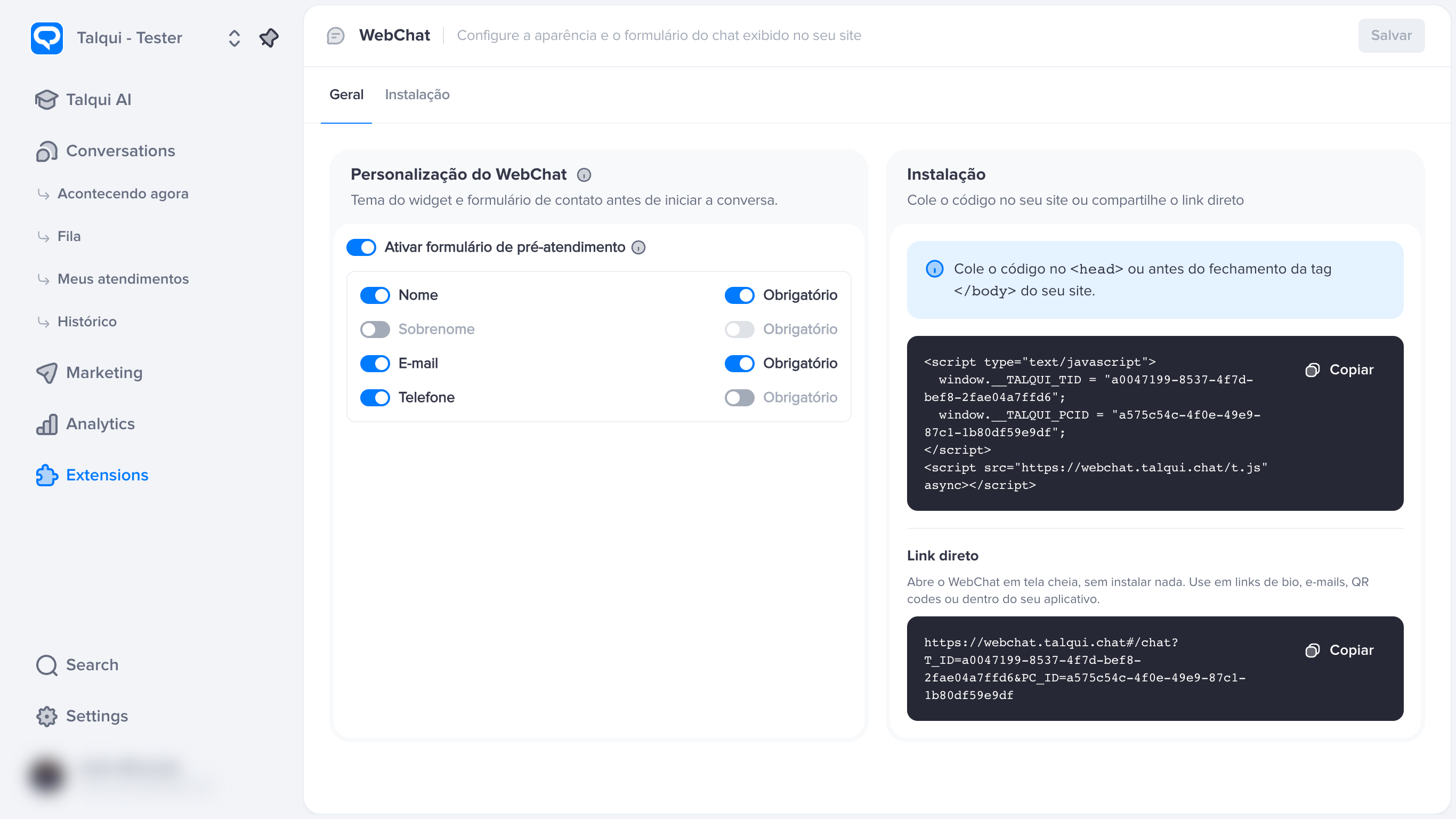 Tela do WebChat na aba Geral, com o formulário de pré-atendimento à esquerda e o card Instalação à direita
