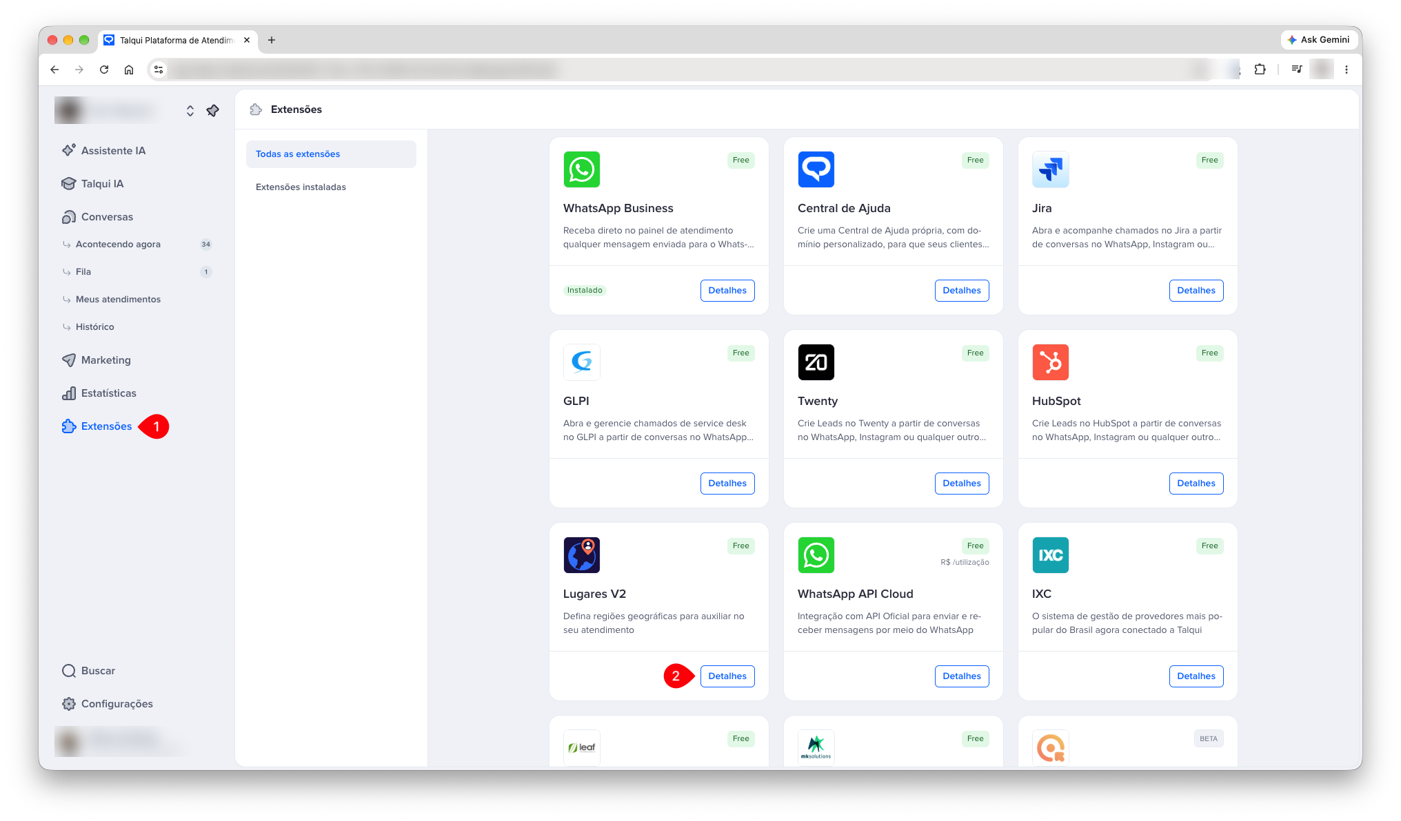 Menu Extensões com o card Lugares V2 e o botão Detalhes destacados