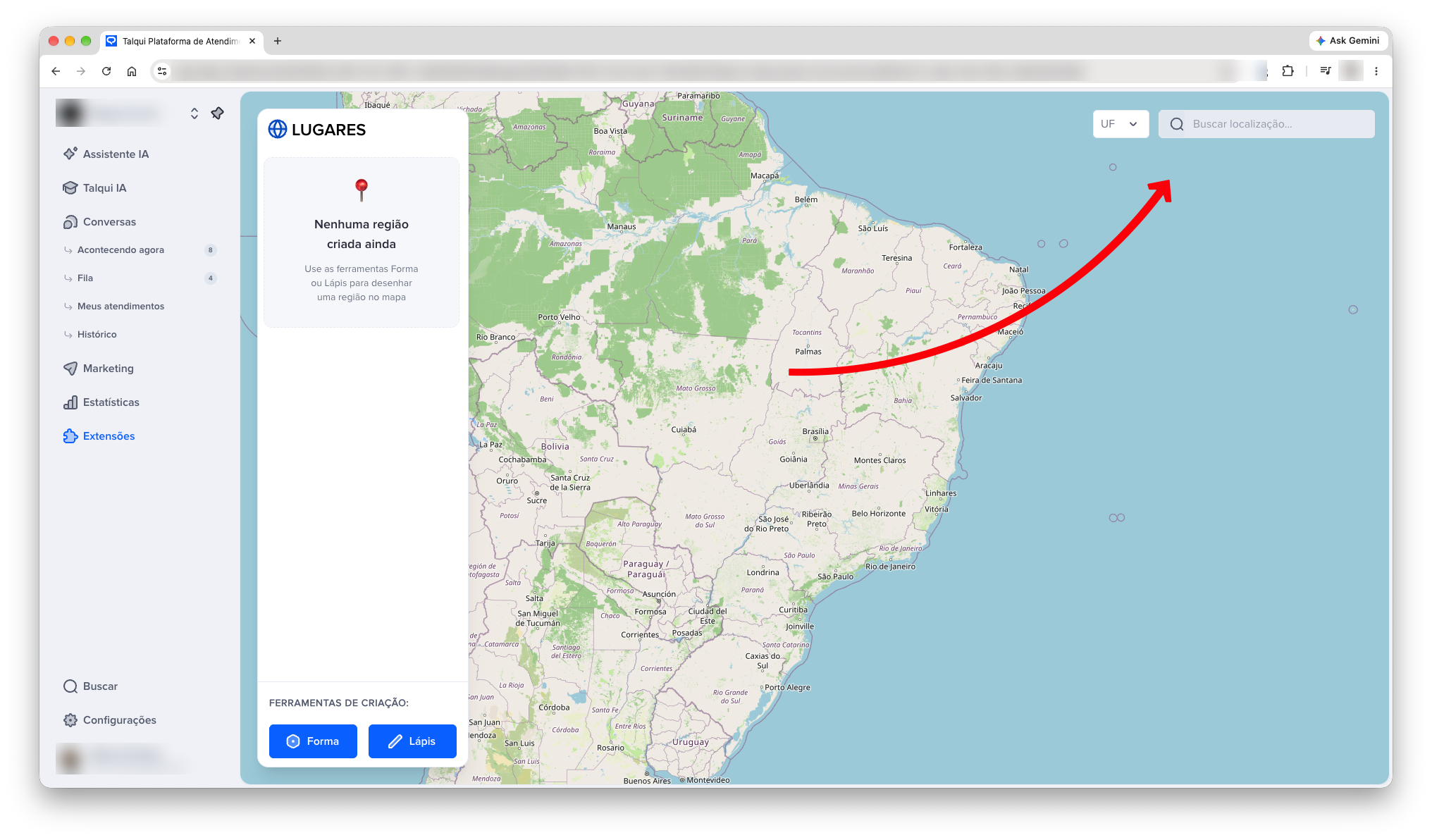 Mapa da extensão Lugares com o campo Buscar localização destacado