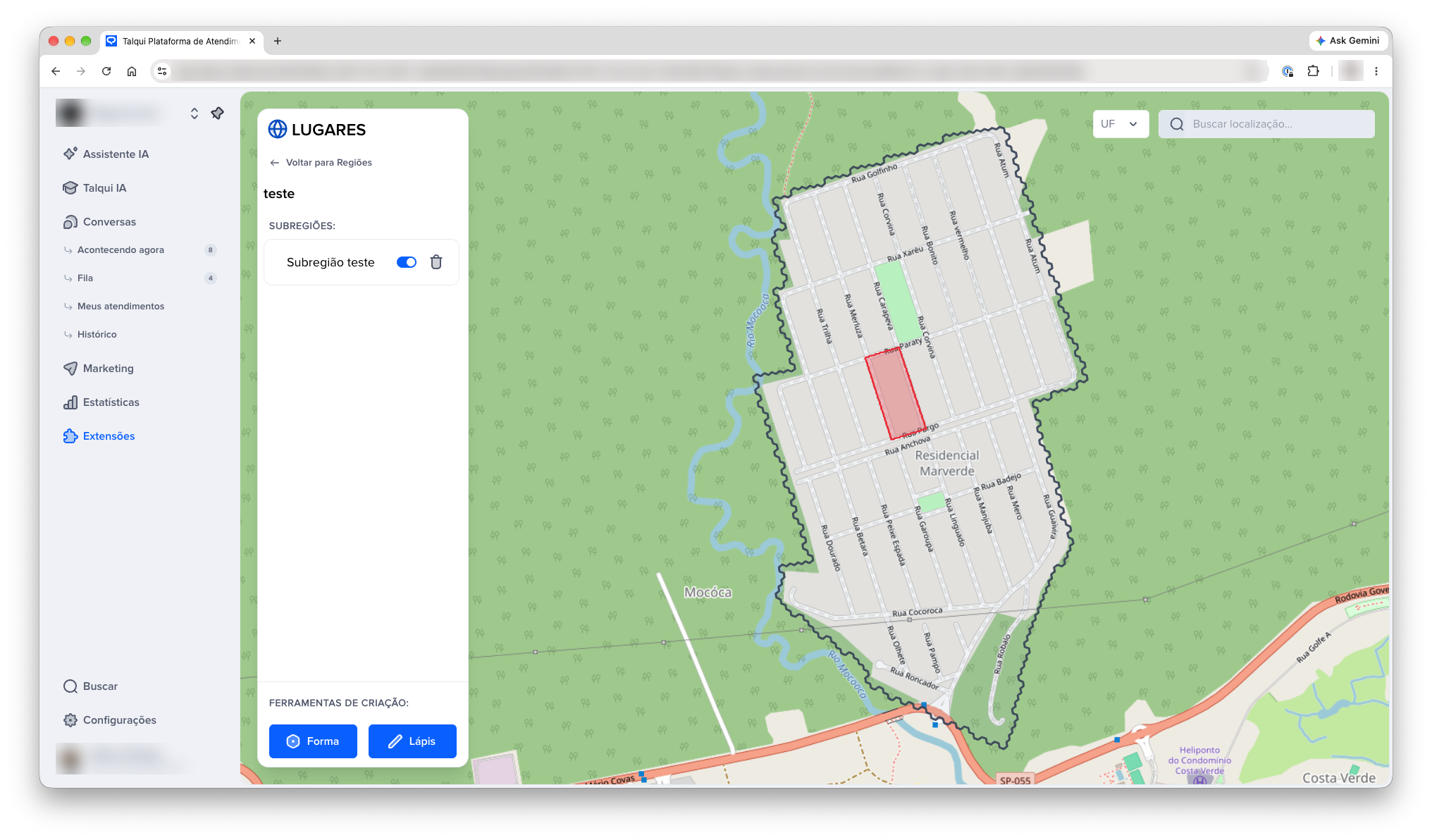 Subregião desenhada dentro da região no mapa