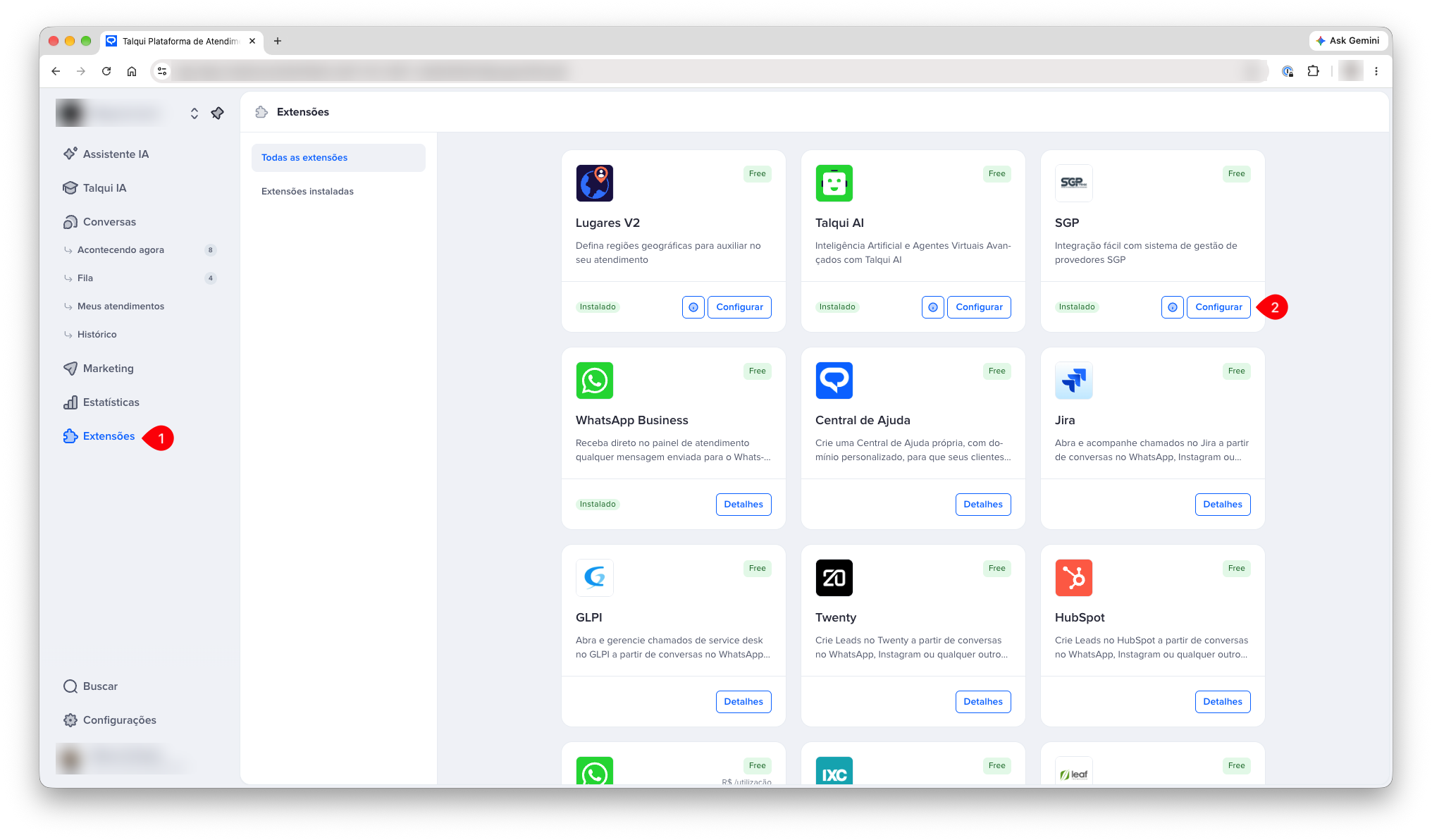 Menu Extensões com o botão Configurar do SGP destacado