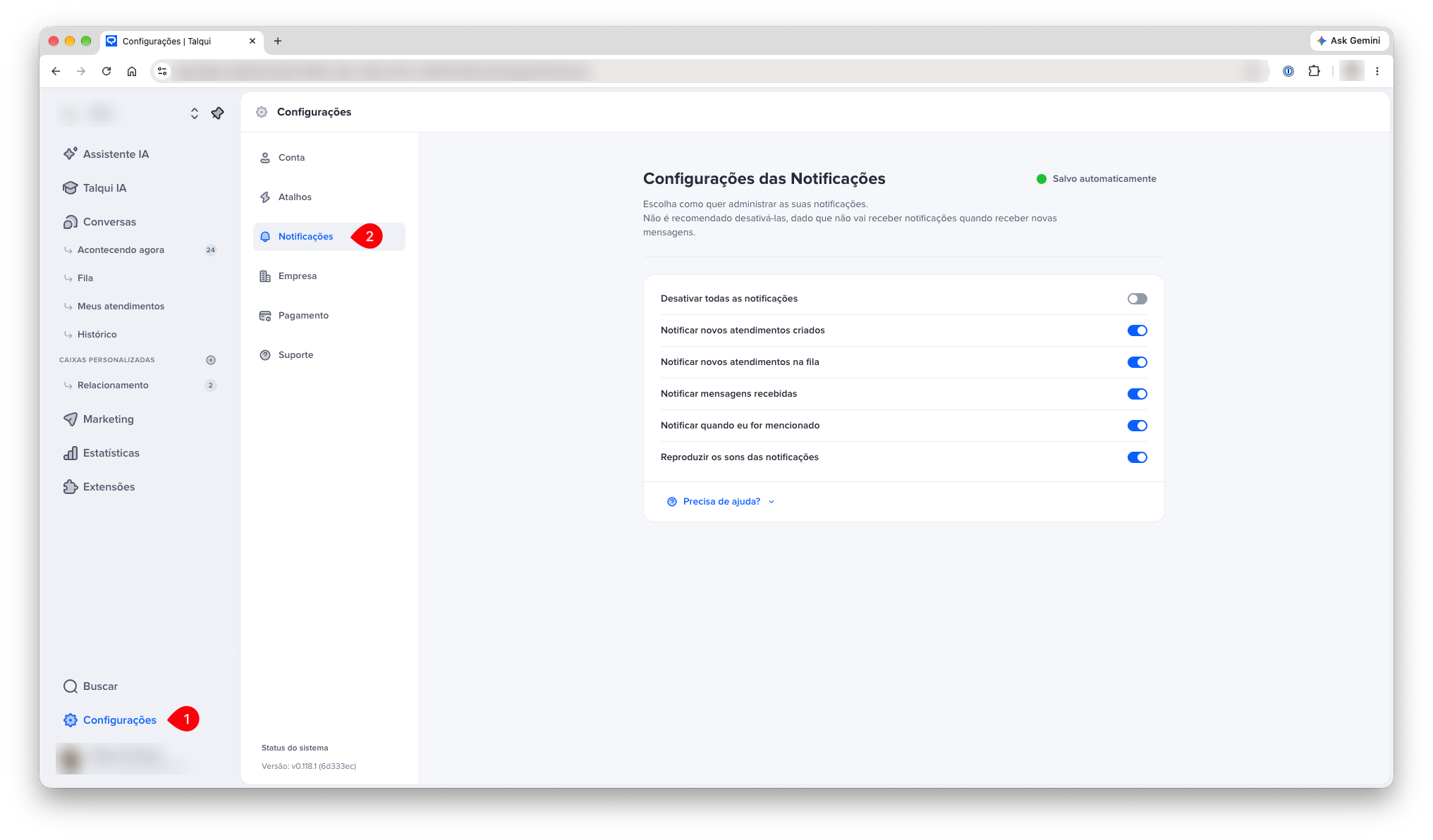 Configurações das Notificações com todas as opções