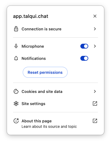 Janela de permissões do site com as opções Notificações e Redefinir permissões