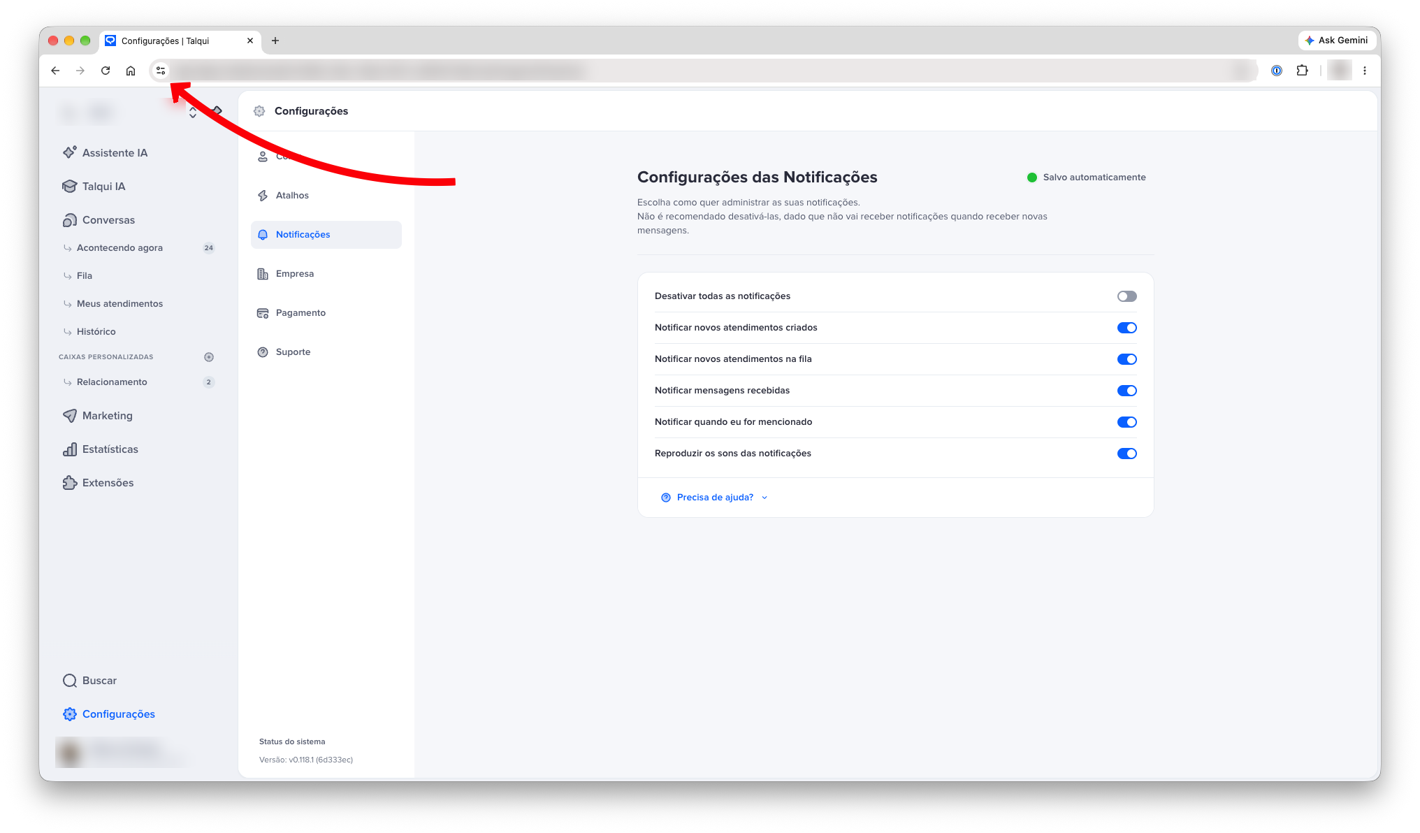 Seta indicando o ícone de configurações do site na barra de endereço