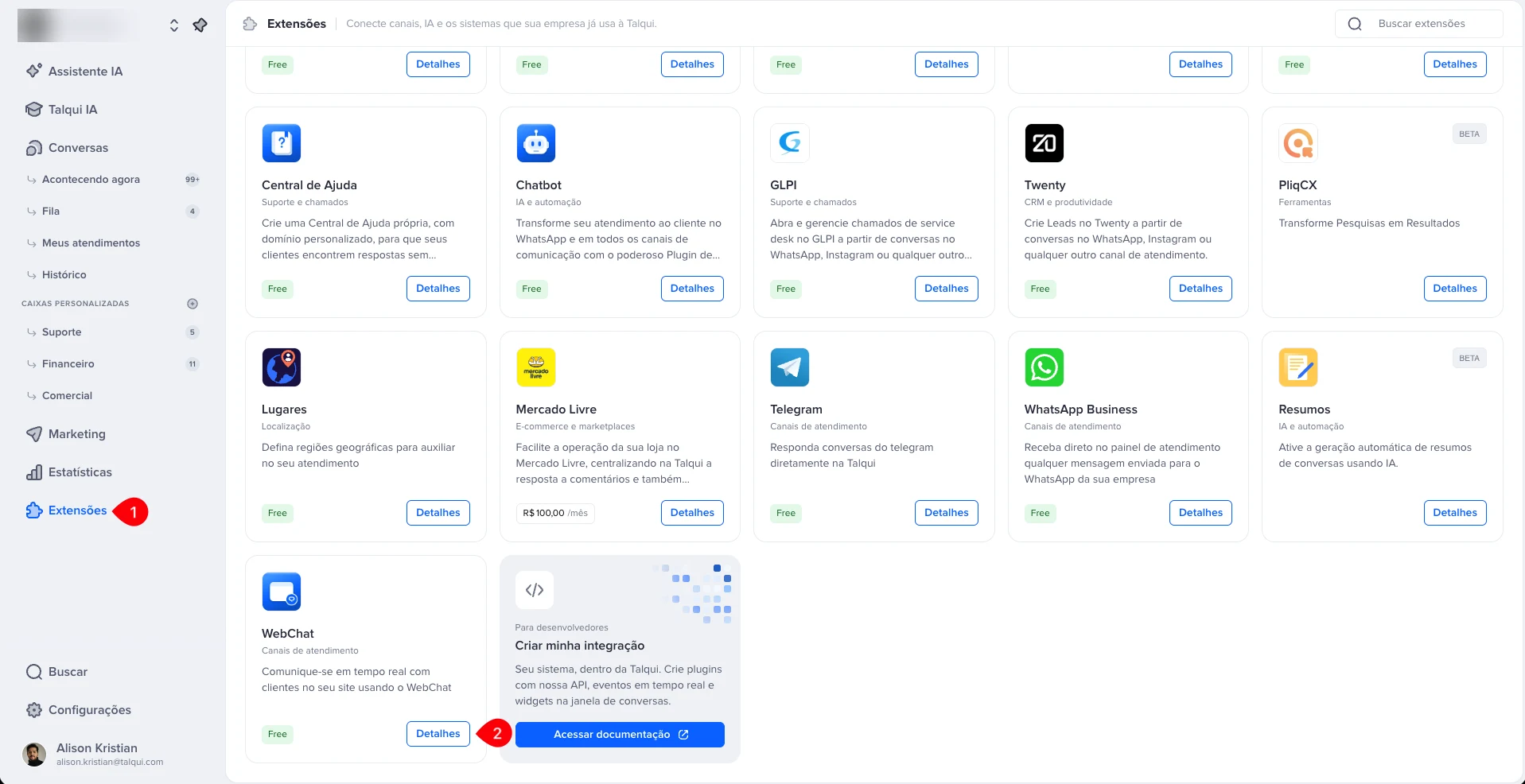Tela de Extensões com o card do WebChat e o botão Detalhes destacado