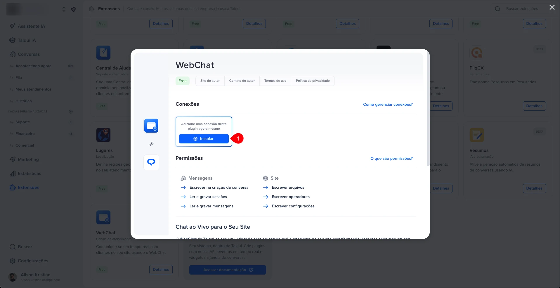 Janela do WebChat com o botão Instalar destacado na seção Conexões