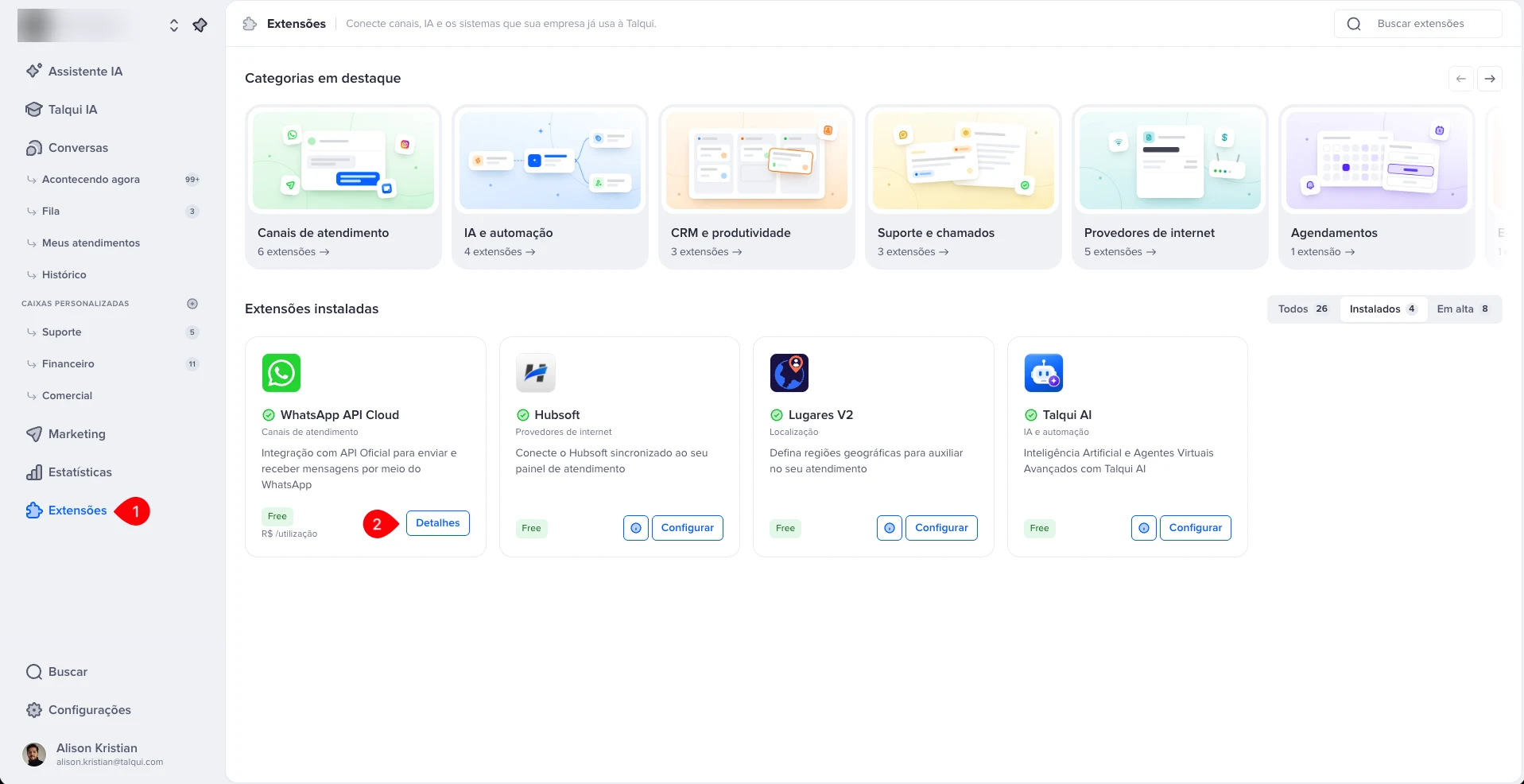 Extensões instaladas com o card WhatsApp API Cloud e o botão Detalhes destacado
