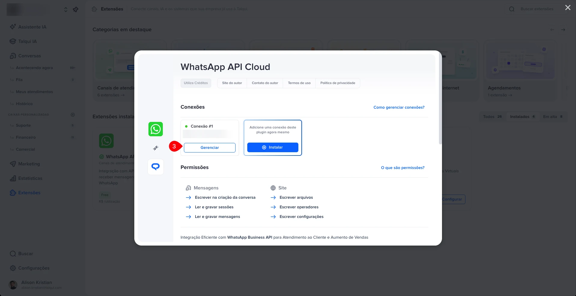 Janela do WhatsApp API Cloud com o botão Gerenciar destacado na conexão do número