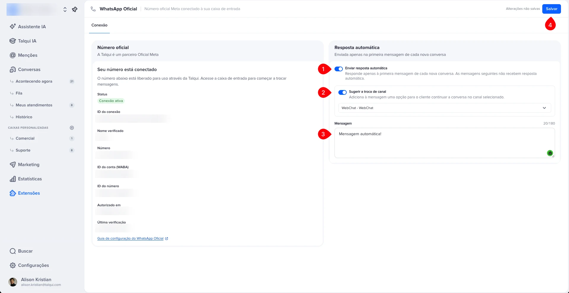Card Resposta automática com as duas chaves ligadas, o WebChat selecionado como canal, o campo Mensagem e o botão Salvar destacados