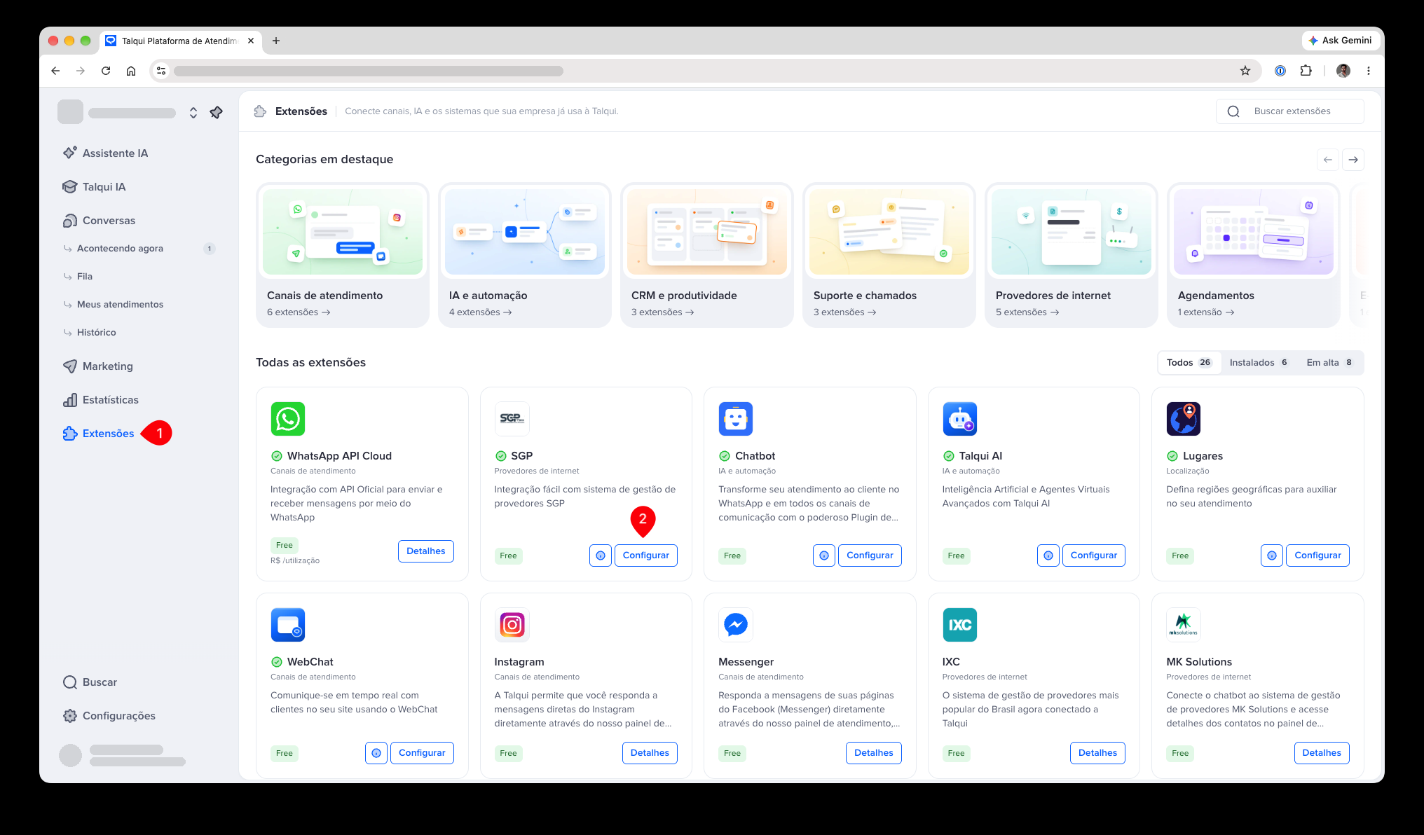 Tela de Extensões com o menu Extensões e o botão Configurar do SGP em destaque
