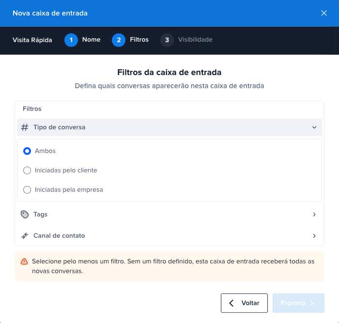 Opções do filtro Tipo de conversa