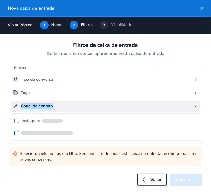 Lista de canais conectados no filtro Canal de contato
