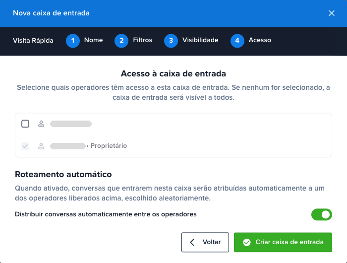 Tela de acesso com operadores e o Roteamento automático ligado