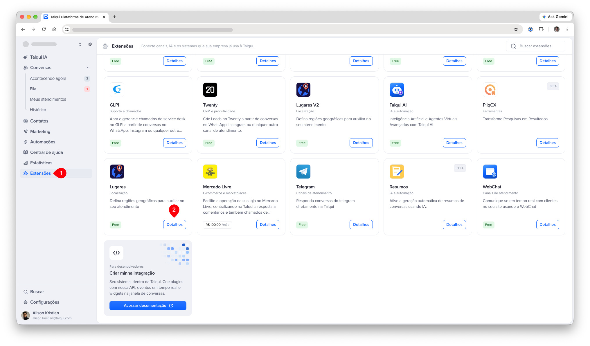Menu Extensões com o card Lugares e o botão Detalhes destacados